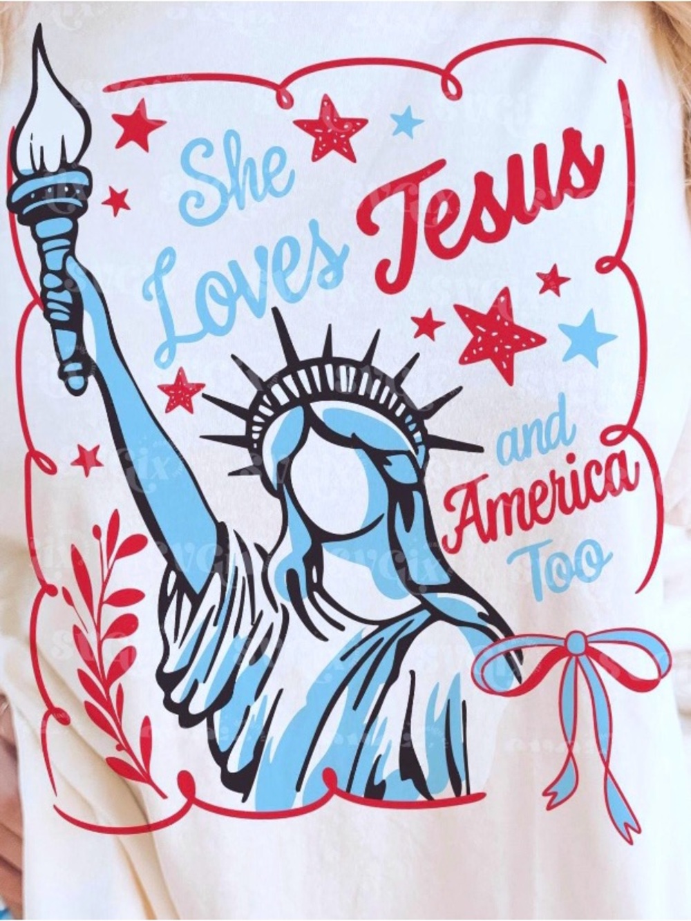 She Loves Jesus and America Too Custom Graphic Tee - Red, Light Blue, Black